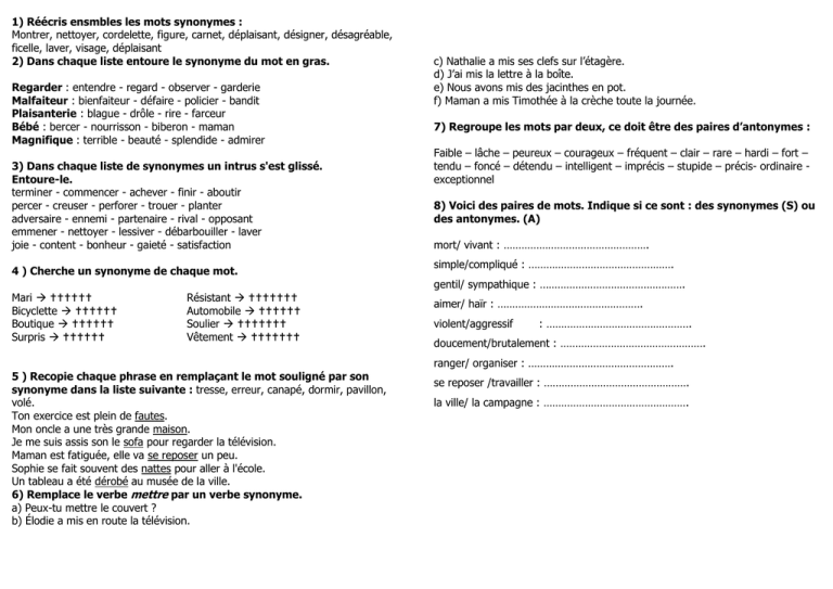 J En Ai Rien à Faire Synonyme 1) Relie les mots synonymes