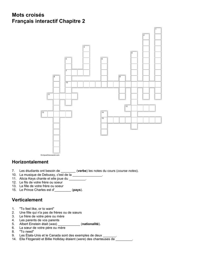 Mots croisés Français interactif Chapitre 2 Horizontalement 7. Les