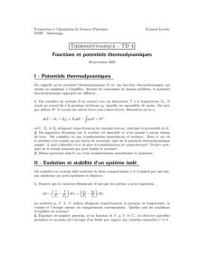 Fonctions et potentiels thermodynamiques I