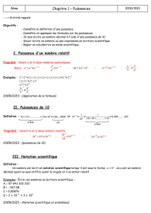 Chapitre 1 – Puissances I. Puissance d`un nombre relatif II - g