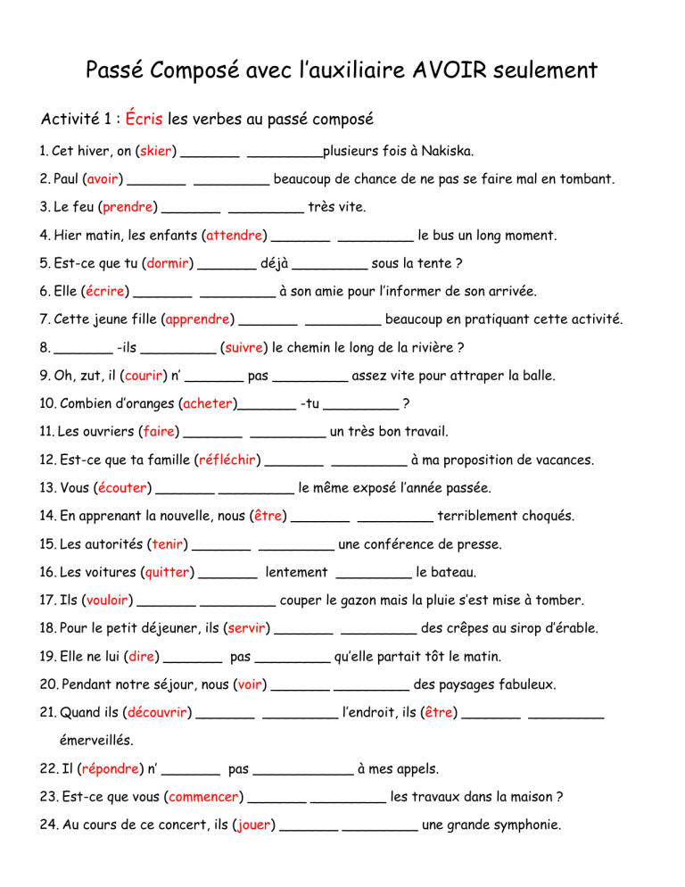 passe-compose-avec-auxiliaire-avoir-exercice-grammatical-feuille